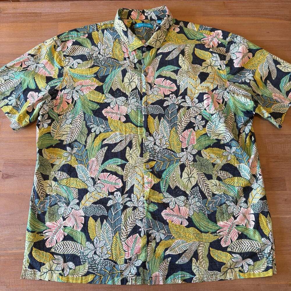 Tori Richard Jungle Book Hawaiian Shirt Mens 2XL Green Pink Leaf Cotton Lawn